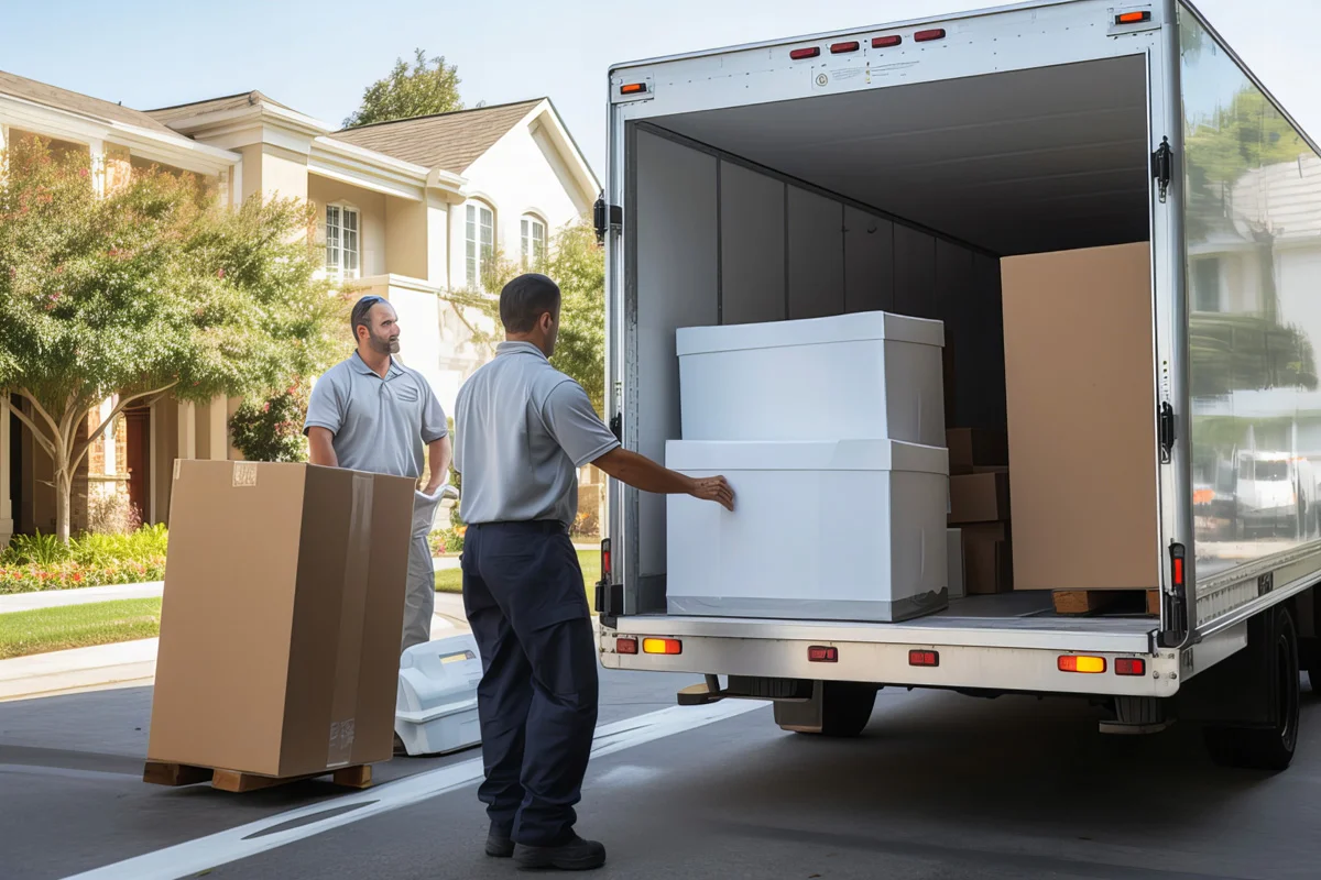 Two men delivering appliances for appliance installation.