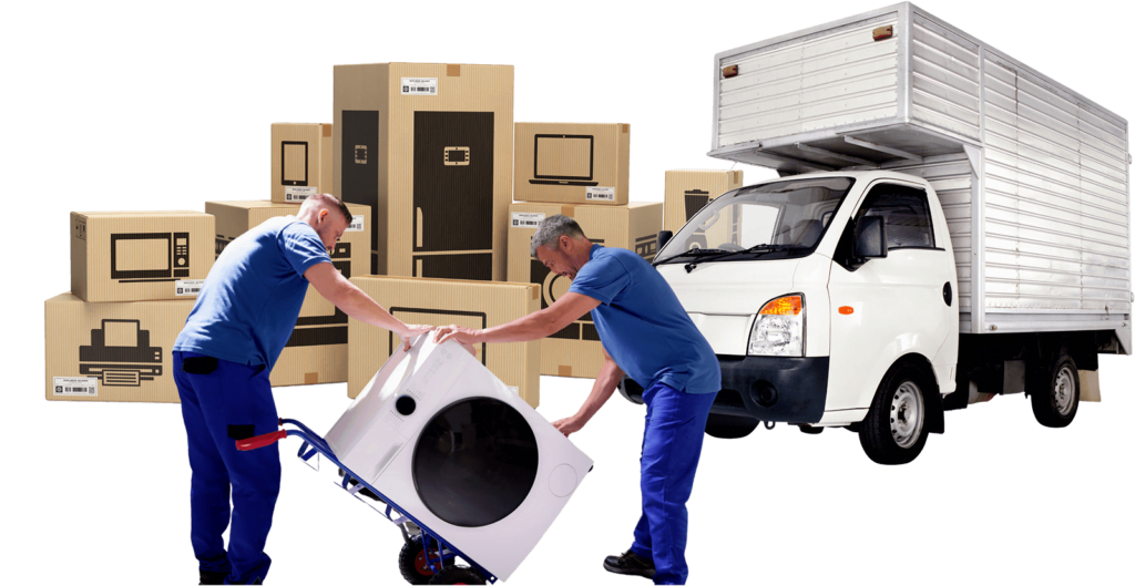 Two men loading a home moving truck with boxes.